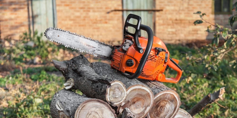 Chainsaw setting on a stack of cut wood.